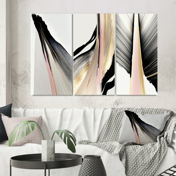 Designart "Pink and Gold Cubic Minimalism VI" Abstract Cubism Wall Art Set Of 3 - Transitional Gold Canvas Set For Living Room Decor