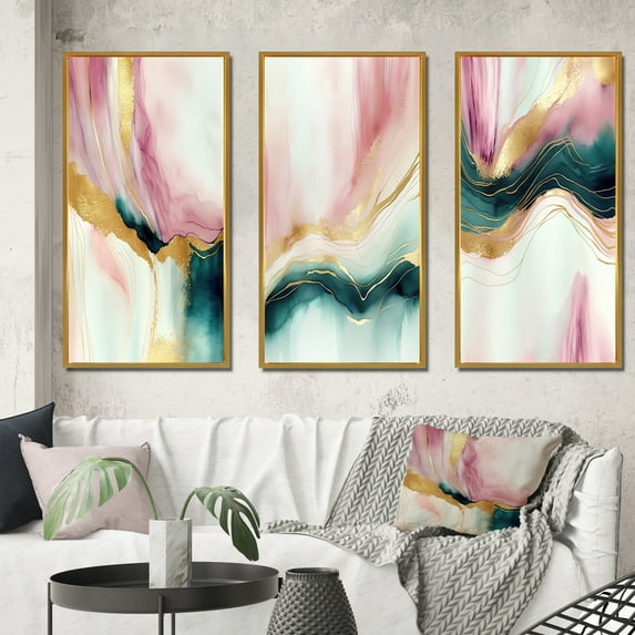 Designart "Pink and Green Geode Marble I" Abstract Marble Framed Wall Art Set Of 3 - Pink Modern Frame Gallery Set For Office Decor