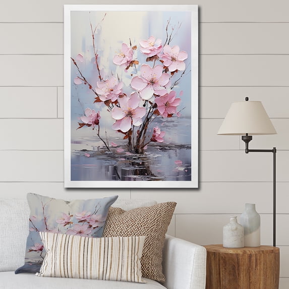 Designart "Pink and Grey Fuchsia Serenity Blooms I" Floral Framed Wall Art - Traditional Pink Fuschia Bedroom Framed Canvas Wall Art