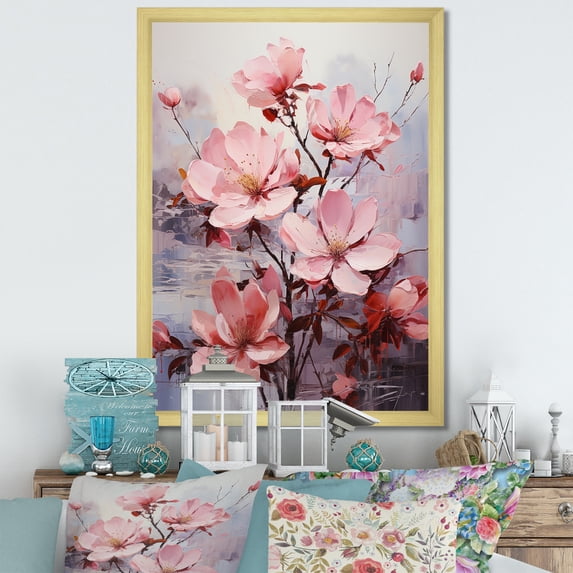 Designart "Pink and Grey Fuchsia Serenity Blooms II" Floral Framed Wall Art - Traditional Pink Fuschia Entryway Framed Wall Art Print