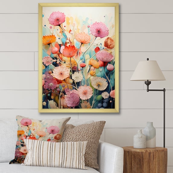 Designart "Pink and Orange Spring Meadow Harmony" Floral Framed Wall Art - Modern Pink Abstract Botanicals Living Room Framed Canvas Art