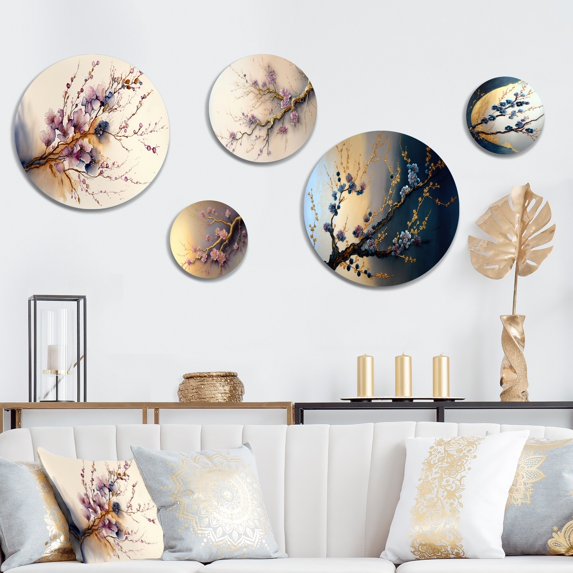 Designart "Pink and Plum Cherry Blossom Bough III" Tree Cherry Blossom Metal Wall Art Set of 5 Piece