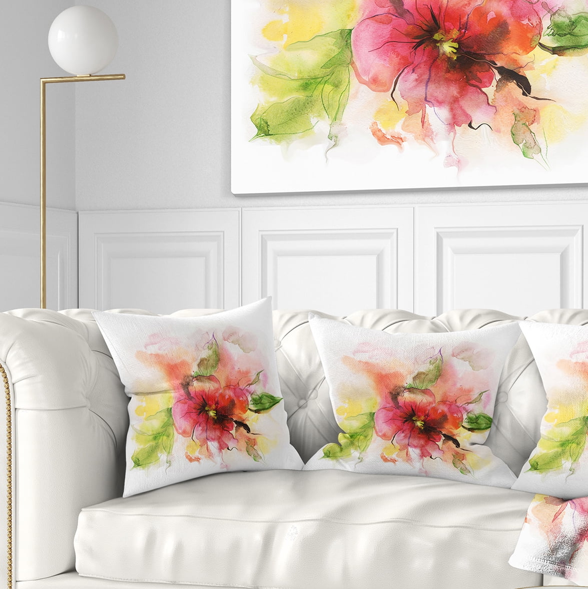 Designart Pink and Red Floral Design - Watercolor Floral Throw Pillow - 16x16