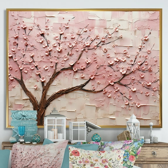 Designart "Pink and White Cherry Blossom Whisper" Floral Framed Wall Art - Traditional Pink Flowers Entryway Framed Wall Art Print