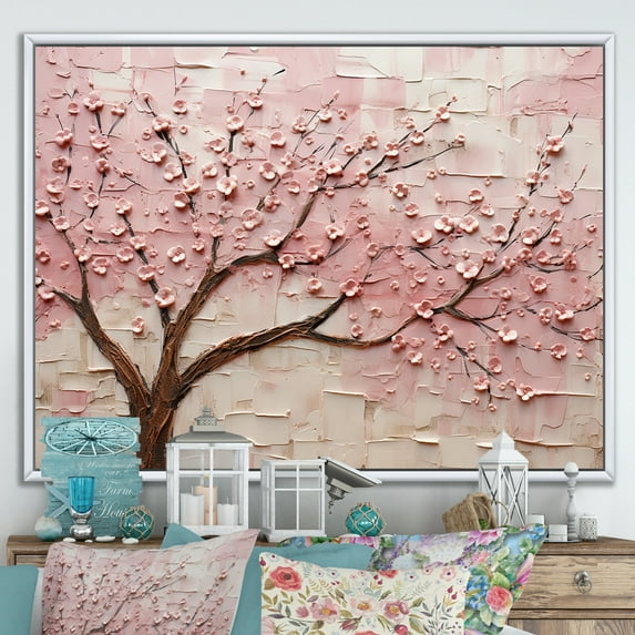 Designart "Pink and White Cherry Blossom Whisper" Floral Framed Wall Art - Traditional Pink Flowers Entryway Framed Wall Art Print