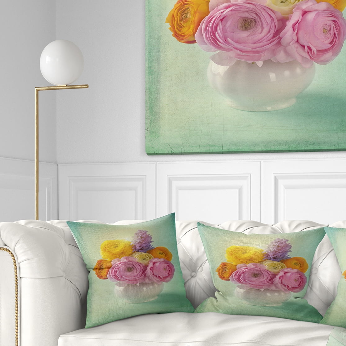 Designart Pink and Yellow Ranunculus Flowers - Floral Throw Pillow - 18x18