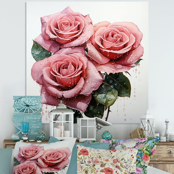 Designart "Pink beautyful Rose Pointillism I" Floral Metal Wall Art