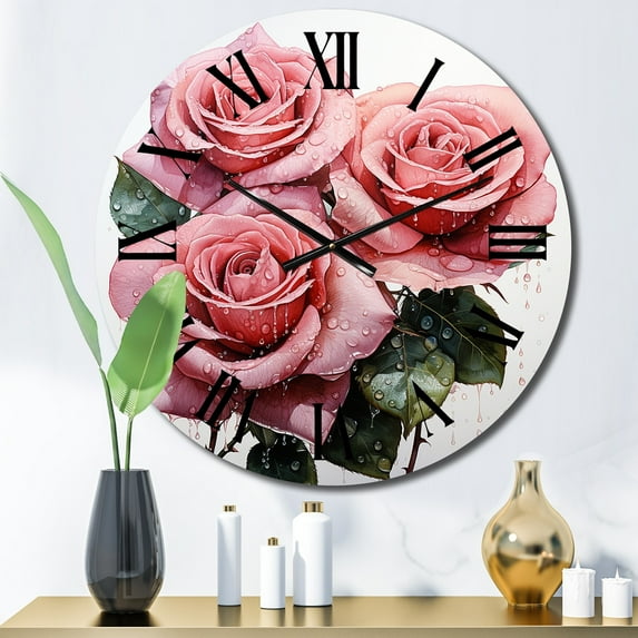 Designart "Pink beautyful Rose Pointillism I" Floral Oversized Wall Clock