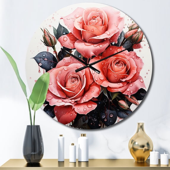 Designart "Pink beautyful Rose Pointillism II" Floral Oversized Wall Clock