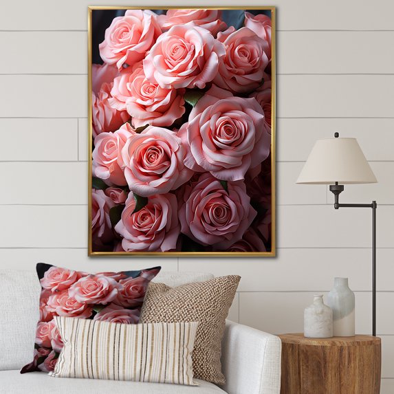Designart "Pink beautyful Roses Bouquet" Floral Floater Framed Canvas Print