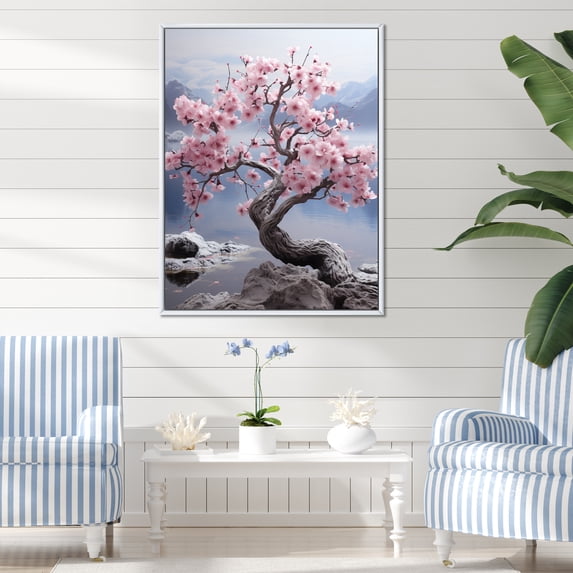 Designart "Pink blossom Serenity I" Floral & Botanical Floater Framed Wall Decor