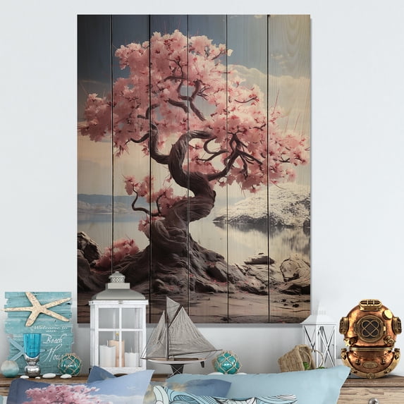 Designart "Pink blossom Serenity II" Floral & Botanical Print on Natural Pine Wood