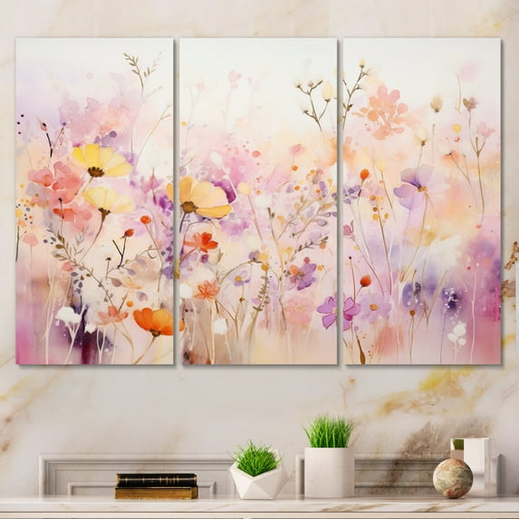 Designart "Pink curious Wildflowers I" Abstract Botanicals Metal Art Print Set