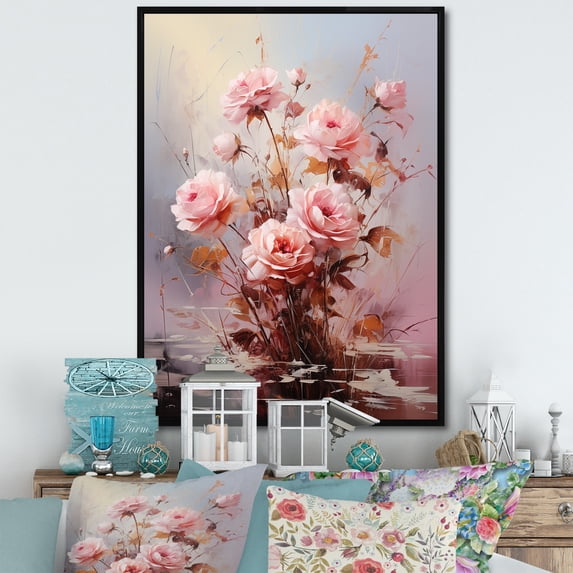 Designart "Pink love Roses Bouquet" Floral Floater Framed Wall Art Living Room
