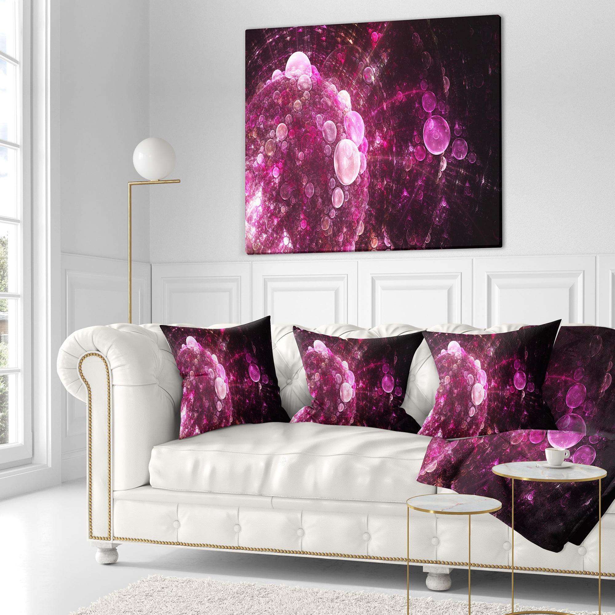 Designart Pink on Black World Bubbles - Floral Throw Pillow - 18x18