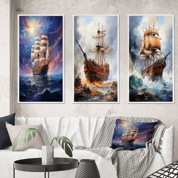 Designart "Pirate Oceans Beauty " Pirate Framed Wall Art Set Of 3 - Blue Pirate Frame Gallery Wall Set For Home Decor