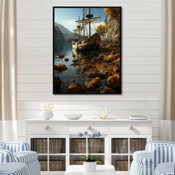 Designart "Pirate Ship Concealed In A Tropical Harbor I" Pirate Floater Framed Canvas Art Print