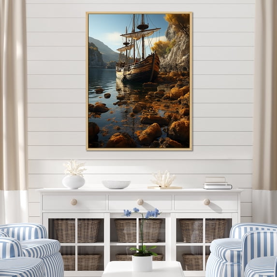 Designart "Pirate Ship Concealed In A Tropical Harbor I" Pirate Floater Framed Canvas Art Print