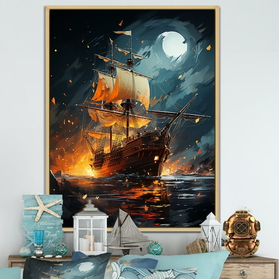 Designart "Pirate Ship Golden Galleon II" Coastal Framed Wall Art - Coastal Yellow Coastal Boat Bedroom Framed Canvas Wall Art