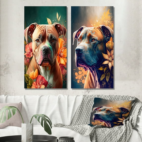 Designart "Pitbull Blossom Portrait I" Dog Pitbull Wall Art Set Of 2 - Multicolor Animals Gallery Wall Set For Home Decor