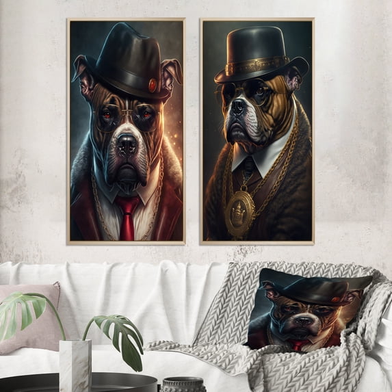 Designart "Pitbull in the Mafia III" Dog Pitbull Gangster Mafia Framed Wall Art Set Of 2 - Gold Animals Framed Wall Art Set Of 2