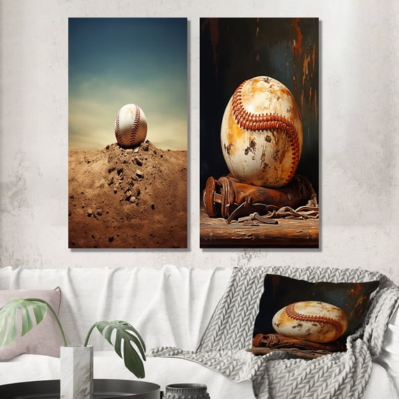 Designart "Pitcher s Mound in Baseball I" Sport Baseball Wall Art Set Of 2 - Beige Sports Canvas Set For Living Room Decor
