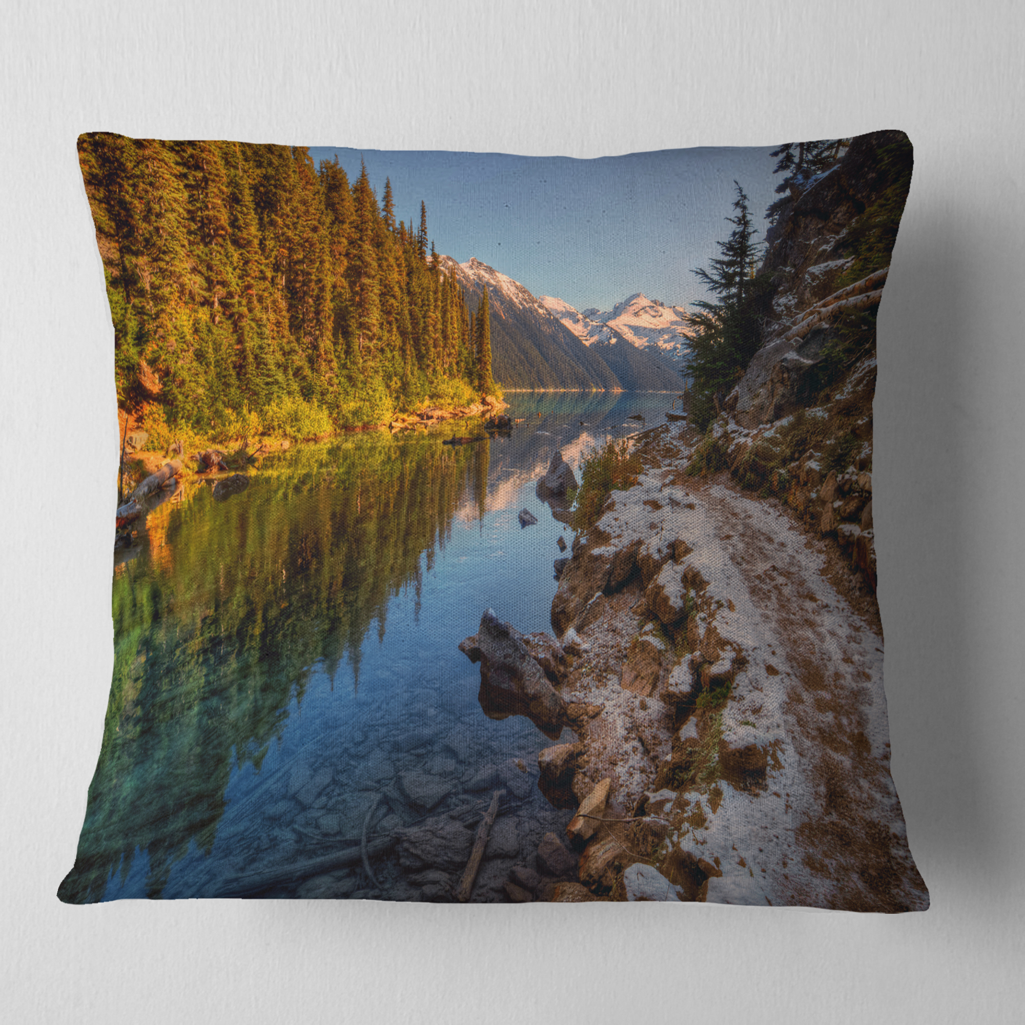 Designart Placid Lake between Mountains - Landscape Printed Throw Pillow - 16x16
