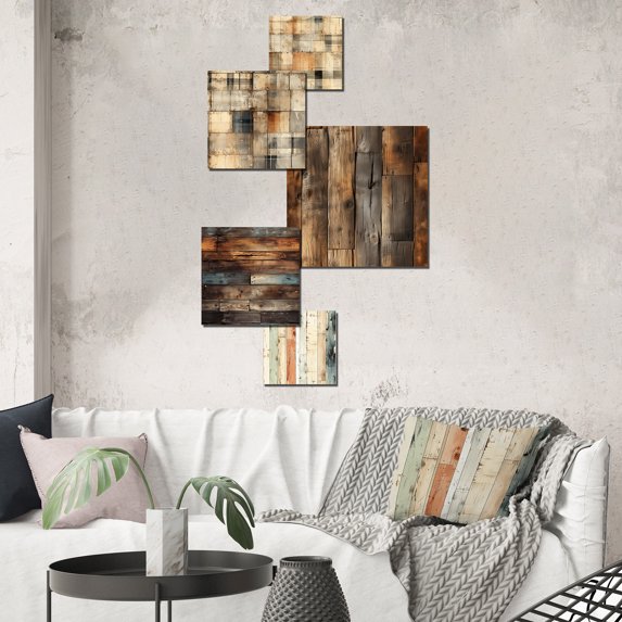 Designart "Plaid Charm In Beige At The Countryhouse" Abstract Wall Art Set Of 5 - Beige Vintage Living Room Metal Art Set