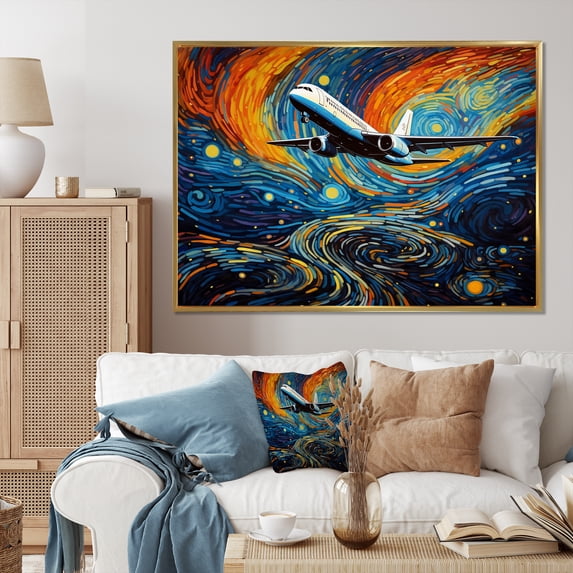 Designart "Plane Embarking on a Cosmic Sojourn" Transportation Floater Framed Wall Art Print