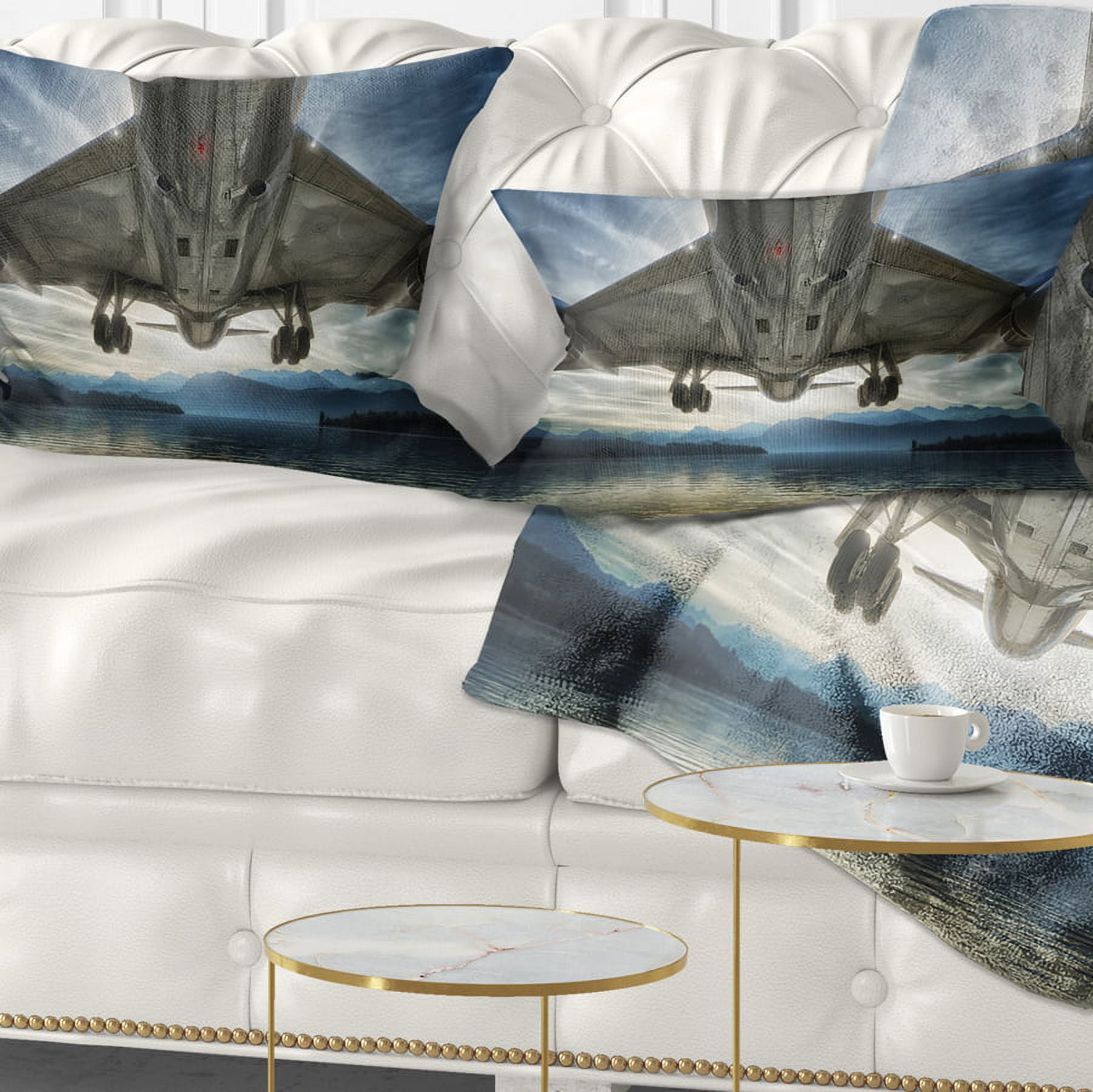 Designart Plane Over Beach and Sea - Seashore Photography Throw Pillow - 12x20