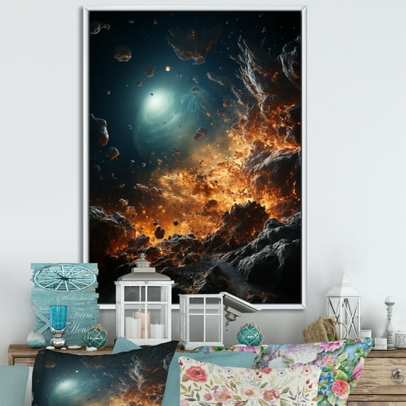 Designart "Planet Orange Space Asteroids II" Asteroids Floater Framed Canvas Art Print