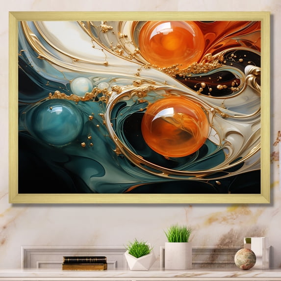 Designart "Planet Waves Orange and Gold Symphony II" Abstract Framed Wall Art Decor - Modern Orange Abstract Painting Entryway Framed Wall Art