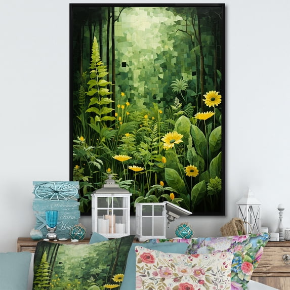 Designart "Plants Green Reverie Collage I" Floral Floater Framed Wall Art Living Room