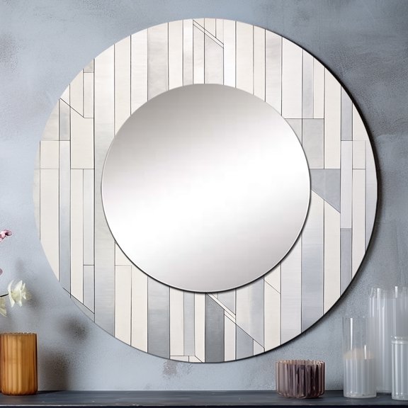 Designart "Platinum Parallels In Shades Of Grey And White" Abstract Shapes Rund Mirror For Wall Decor - Large Grey Round Printed Mirror -Modern Round Living Room Mirror - 36" x 36"