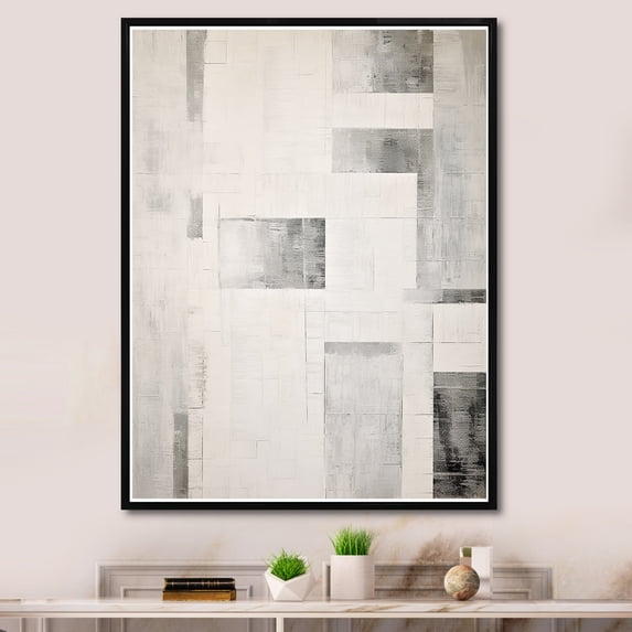 Designart "Platinum Parallels In Shades Of Grey And White I" Abstract Shapes Floater Framed Wall Art Prints