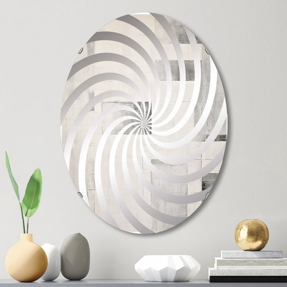 Designart "Platinum Parallels in Shades of Grey and White I" Abstract Shapes Vortex Round Wall Mirror - Abstract Oval Printed Decorative Mirror - Multiple Color Options