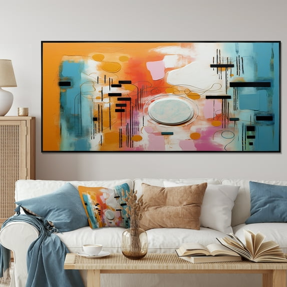 Designart "Play Forms Colorful Orange and Blue Delight II" Extra Large Abstract Framed Wall Art - Modern Orange Abstract Geometric Entryway Framed Wall Art