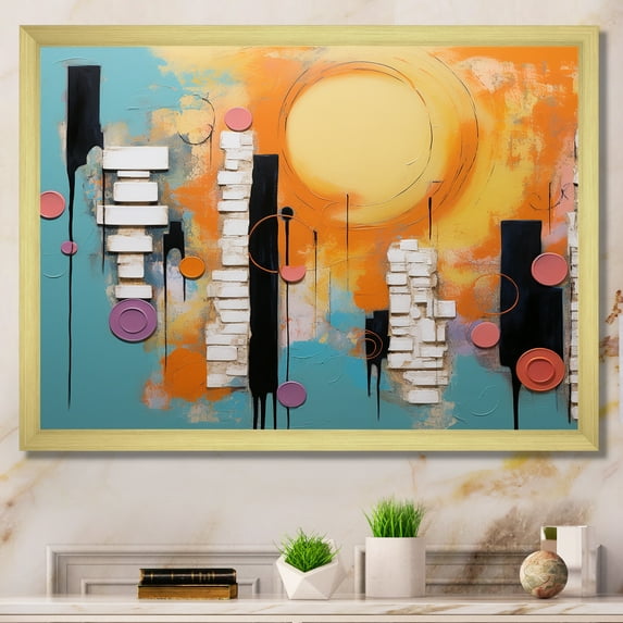 Designart "Play Forms Colorful Orange and Blue Delight I" Abstract Framed Wall Art Decor - Modern Orange Abstract Geometric Entryway Framed Wall Art