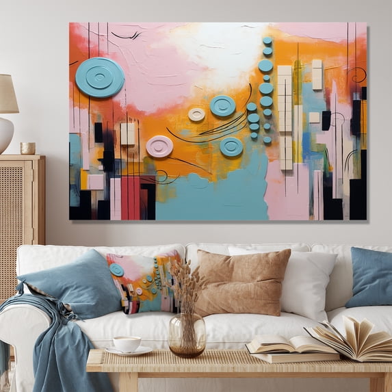 Designart "Play Forms Colorful Orange and Blue Delight III" Extra Large Abstract Wall Art - Modern Orange Abstract Geometric Hallway Wall Art Decor