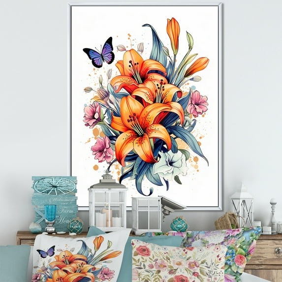 Designart "Playful Butterfly And Vivid Lilies" Animals Butterfly Floater Framed Wall Art Prints