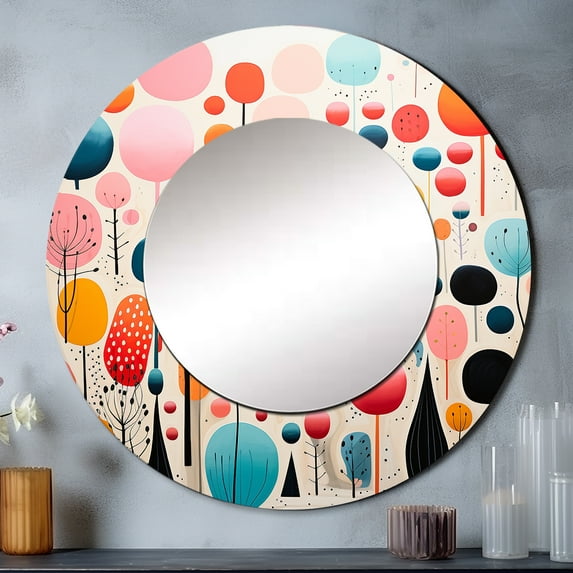 Designart "Playful Patterns Mid Century Pink Delight I" Abstract Shapes Rund Mirror For Wall Decor - Large Pink Round Print Mirror - Round Mid-Century Mirror 23" x 23" Inch