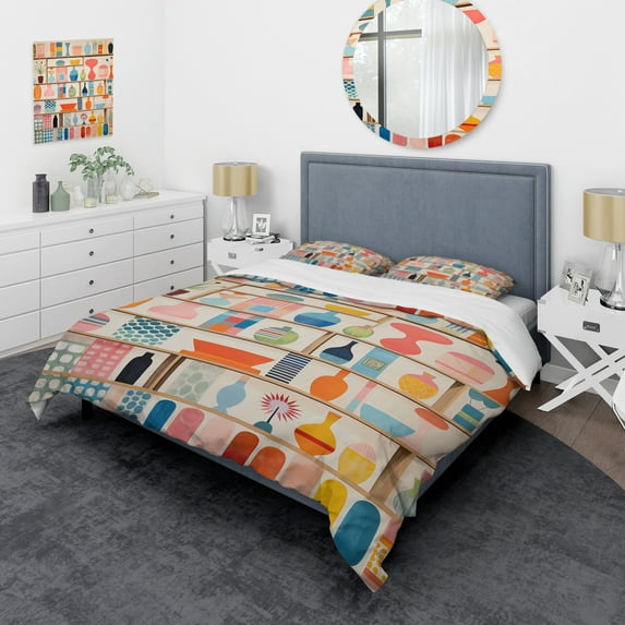 Designart "Playful Patterns Mid Century Pink Delight IV" Abstract Bedding Covert Set - Abstract Midcentury Pink Mid-Century Bed Set With 2 Shams