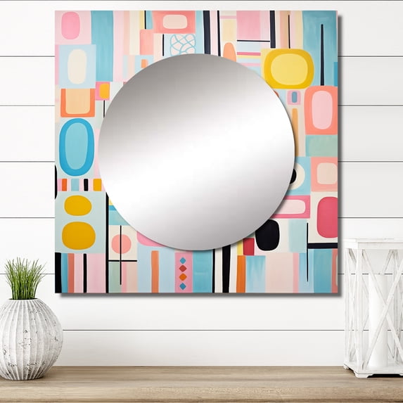 Designart "Playful Patterns Mid Century Pink Delight V" Abstract Square Mirror Wall Decor Mid-Century - Large Pink Square Bathroom Mirror - Square Printed Wall Mirror Art