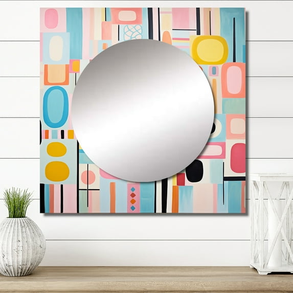 Designart "Playful Patterns Mid Century Pink Delight V" Abstract Square Mirror Wall Decor Mid-Century - Large Pink Square Bathroom Mirror - Square Printed Wall Mirror Art