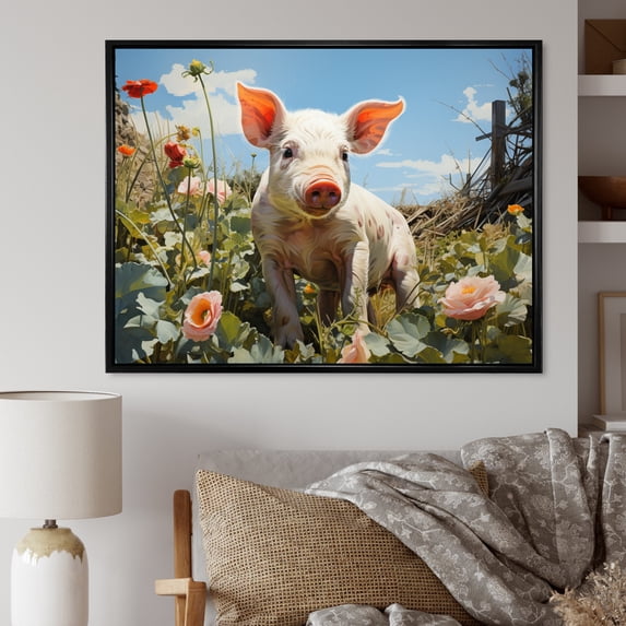 Designart "Playful Pig Cute Pig in the Flower Field I" Animals Floater Framed Canvas Print