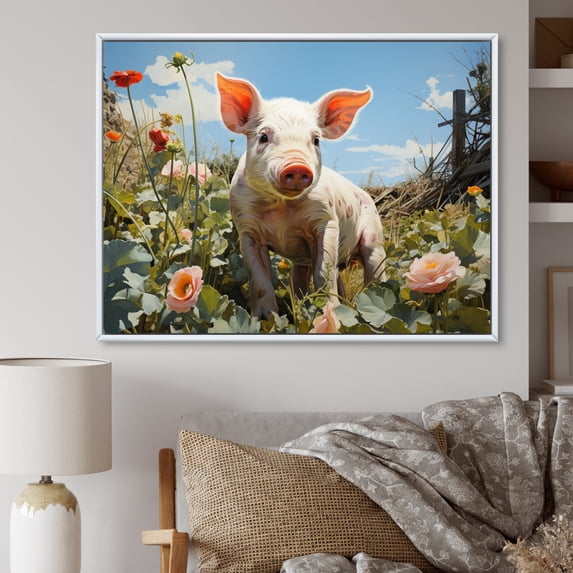 Designart "Playful Pig Cute Pig in the Flower Field I" Animals Floater Framed Canvas Print