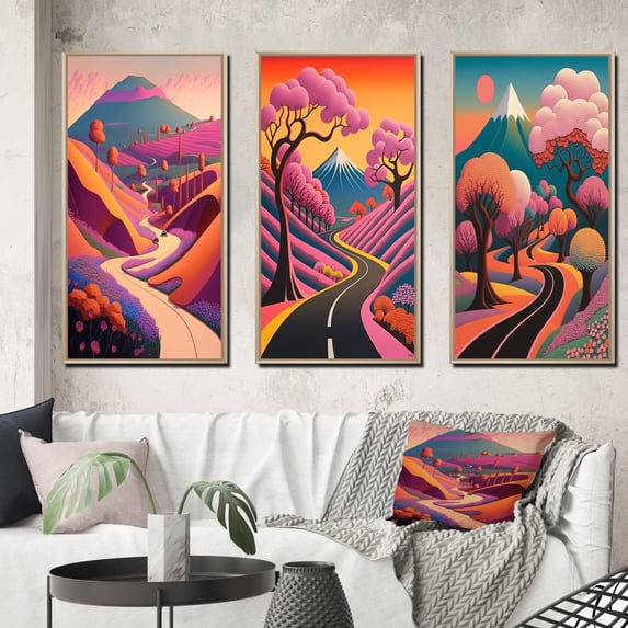 Designart "Playful Purple Mountain Scene Along the Swirling Road II" Meadow Framed Wall Art Set Of 3 - Pink Traditional Frame Canvas Set For Living Room Decor