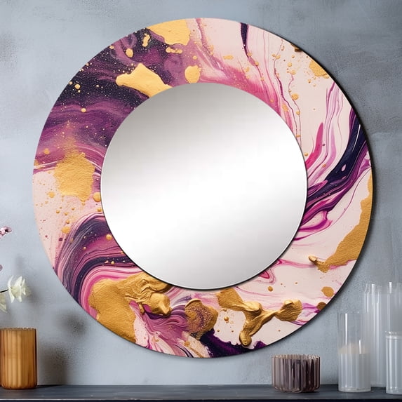 Designart "Playful Purple and Pink Strokes V III" Fractals Rund Mirror For Wall Decor - Large Purple Round Print Mirror - Round Glam Mirror 29" x 29" Inch - Wall Mounted Round Large Mirror