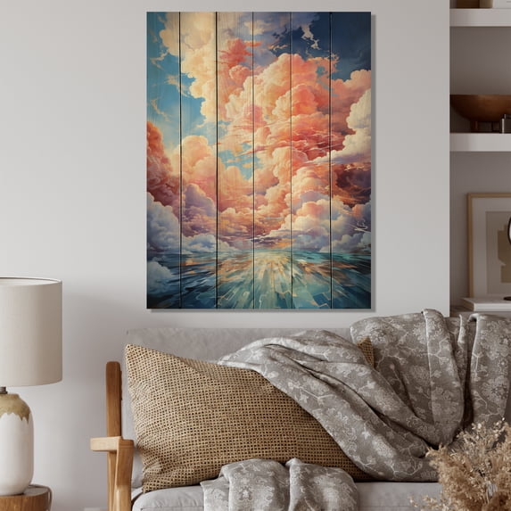 Designart "Playful Skies of Clouds II" Landscape & Nature Print on Natural Pine Wood