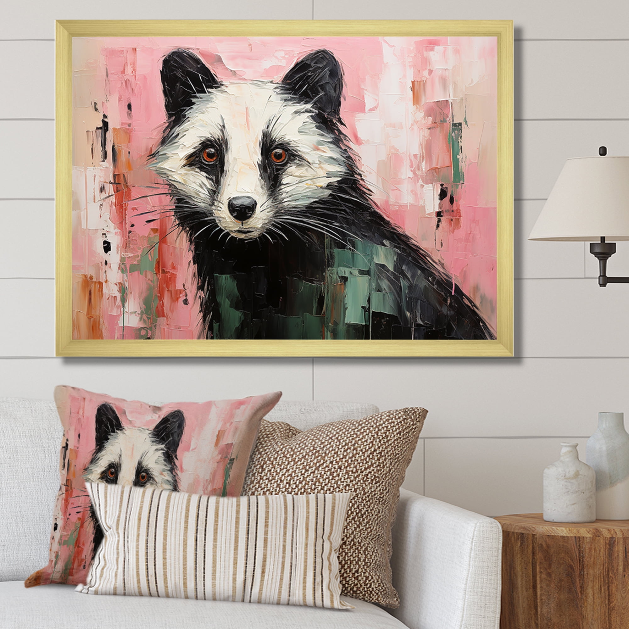Designart "Playful Skunk Amidst Pink" Animals Framed Wall Art Decor
